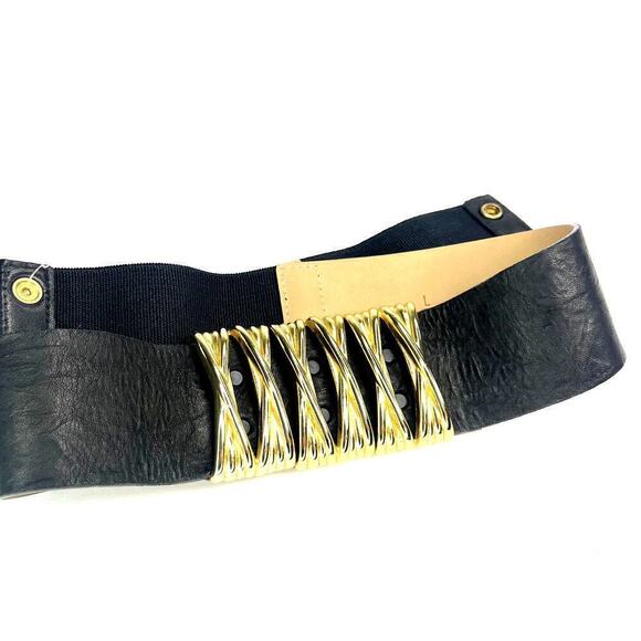 Streets Ahead Black Leather Gold Hardware Waist Belt Statement Elastic Large - Picture 3 of 9
